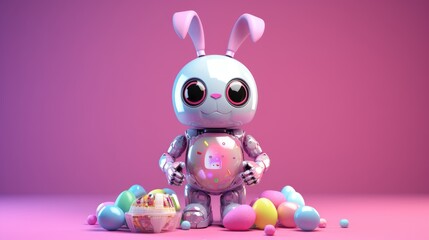 Cyberpunk Rabbit and Retro Outfit on bright Background with Easter eggs