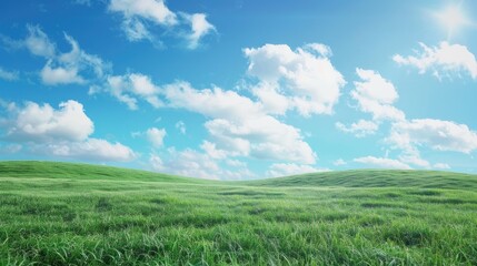 green field with blue sky. sunny day. beautiful sky, cloud, sun