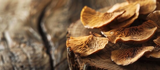 A closeup shot of a pine cone covered with mushrooms growing on a wooden trunk in a natural...