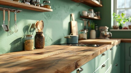 Stylish green kitchen with wooden worktop Cozy olive kitchen with appliances and equipment.