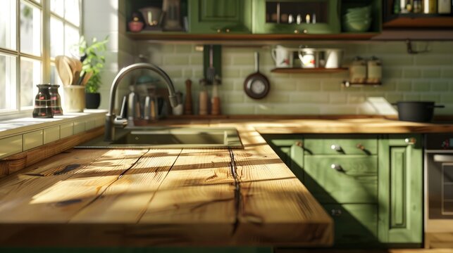 Stylish green kitchen with wooden worktop Cozy olive kitchen with appliances and equipment.