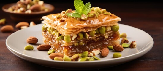 A delicious piece of baklava with pistachios and almonds served on a white plate as a sweet dessert. The perfect combination of ingredients for a delightful treat