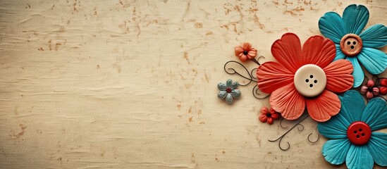 A creative art piece featuring a bunch of button flowers on paper, resembling a plant with vibrant petals. The art combines wood and artificial flowers to create a unique pattern - Powered by Adobe