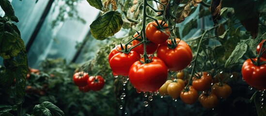 A cluster of plump tomatoes ripening on a vine in a lush greenhouse, showcasing the beauty of natural foods and the art of plant cultivation