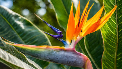 A detailed close-up shot of a strelitzia blossom, commonly known as the bird of paradise flower, capturing its vibrant colors, unique shape, and intricate details