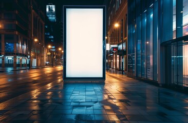Empty glowing white billboard on an empty city street at night.