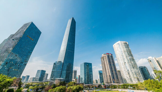 Dynamic Cityscape with Diverse Skyscrapers and Urban Buildings Background