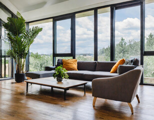 Mid-Century Modern Living Room Contemporary Interior Design with Stylish Furniture and Floor-to-Ceiling Windows
