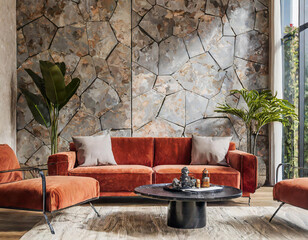 Modern Living Room Interior with Terracotta Velvet Sofa, Round Coffee Table, and Stone 3D Panel Wall