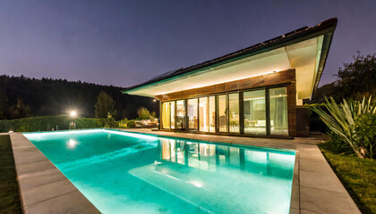 Fototapeta premium Modern Night House with Solar Panels and Swimming Pool A Sustainable Energy and Luxury Living Concept