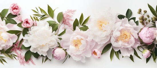 A beautiful row of pink and white flowers with green leaves, arranged on a white background. Perfect for flower arranging, creative arts, or creating a stunning bouquet for a special occasion