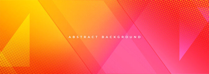 Orange and red modern abstract wide banner with geometric triangle shapes and halftone effect. Yellow and pink abstract background. Vector illustration