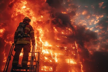 Firefighter positioned at tower window amidst raging blaze - obrazy, fototapety, plakaty