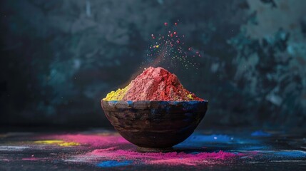 Holi festival. holi powder in bowl on dark background hindu spring festival - obrazy, fototapety, plakaty