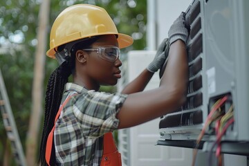 Female engineer repairing an air conditioner unit outdoors Demonstrating expertise in hvac technology