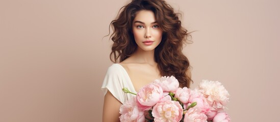 An elegant woman in formal wear, wearing a white dress, is holding a bouquet of pink roses. The flowers complement her layered hair and add a pop of color to the event - Powered by Adobe