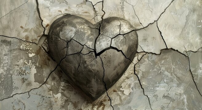 A broken heart on a dry surface with cracks as a symbol of heartbreak and lovesickness.