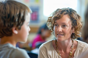 Devoted mother with a gentle expression attentively listens to her young child in a classroom setting