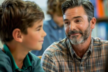 Father looks fondly at son expressing joy and pride while sharing a moment together possibly in a school setting