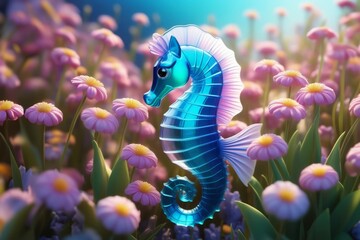 a close up of a sea horse in a field of flowers, blurred and dreamy background