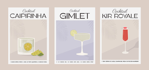 Caipirinha, Gimlet and Kir Royale Cocktail. Classic alcohol beverage recipe. Set of modern trendy graphic print in muted colors. Aperitif. Minimalist poster with garnish drink. Vector illustration.