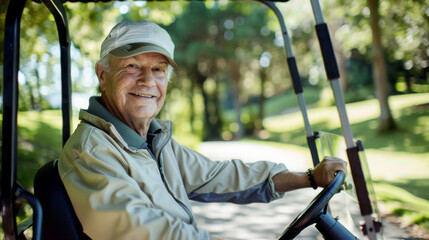 Cheerful elderly man with a cap happily operating a golf cart on a green, tree-lined golf course