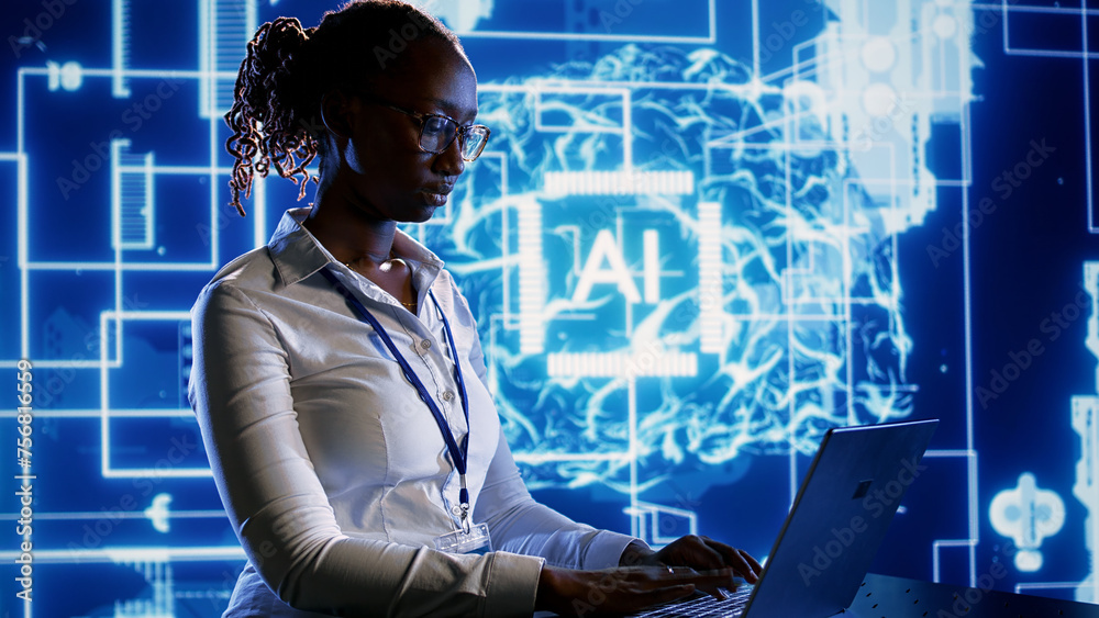 Poster trained specialist using laptop to maintenance artificial intelligence neural networks made up of in