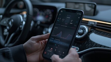Glassmorphic automotive app with translucent vehicle diagnostics and dynamic performance data - obrazy, fototapety, plakaty