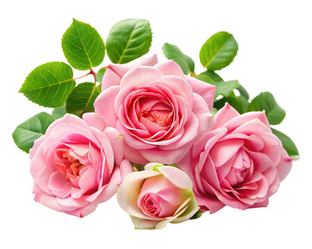 Beautiful pink roses in full bloom, with soft petals and green leaves, cut out on white background.