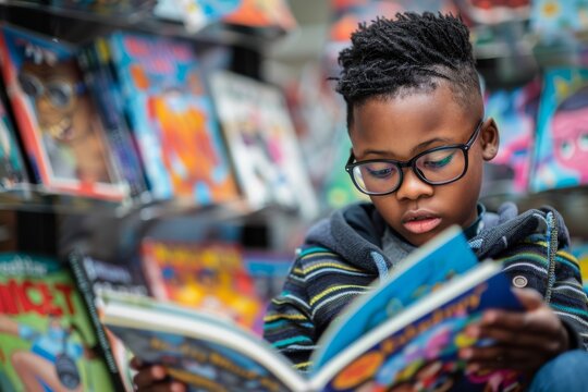 Young boy with eyeglasses deeply engrossed in reading comic books at a bookstore, showing interest and imagination