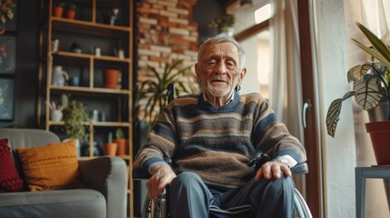 Take care elderly. Portrait of lonely senior man in wheelchair at home. Elderly people. feeling sad and depressed looking window outside.  - obrazy, fototapety, plakaty