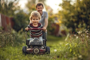 Toddler gleefully handles a lawnmower with a man guiding him in the background