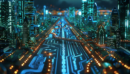 Fototapeta na wymiar Smart City Amidst Circuitry. Enter the Futuristic Cyberspace