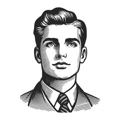 classic gentleman, featuring sharp attire and a confident, composed expression. Sketch engraving generative ai vector illustration. Scratch board imitation. Black and white image.