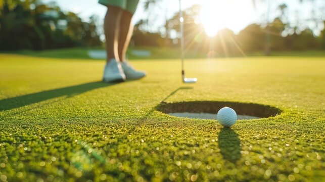 The image captures a golf ball moments before dropping into the hole at sunset, inferring success and achievement