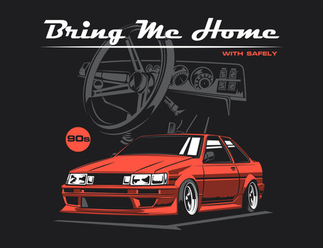 front cabin background along with 90s red car and text for printed illustration vector graphic