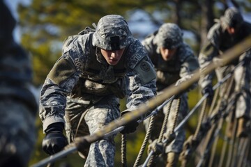 Soldiers in camo uniforms display agility and coordination as they navigate a sunny outdoor rope obstacle course