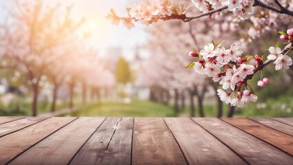 Spring background with blossom tree branches and wooden table