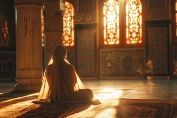 Serene scene captures a woman in prayer at mosque, engulfed in the golden hues of sunset streaming through vibrant stained glass