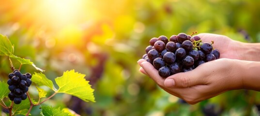 Hand holding fresh bunch of grapes on blurred background with copy space for text placement