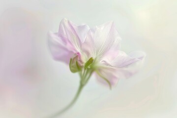 A delicate pink flower emerges in focus against a soft, ethereal background