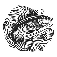 fish swimming in stylized waves in vintage engraving style, suitable for food and fishing themes food sketch engraving generative ai vector illustration. Scratch board imitation. Black and white image