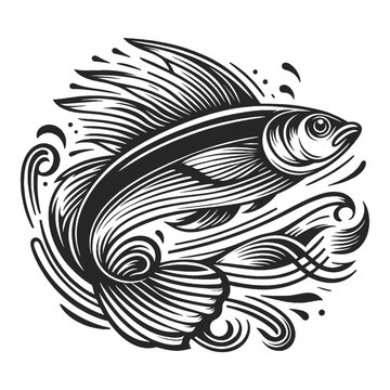 fish swimming in stylized waves in vintage engraving style, suitable for food and fishing themes food sketch engraving generative ai vector illustration. Scratch board imitation. Black and white image