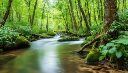 A peaceful creek meanders through a serene forest, lined with vibrant greenery - obrazy, fototapety, plakaty
