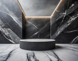 Contemporary podium stand in minimal style with luxurious sleek black marble and concrete wall, sophisticated product display