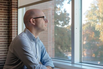 Fototapeta premium A contemplative image showing a man alone with his thoughts, gazing out of a sunny window to the trees beyond