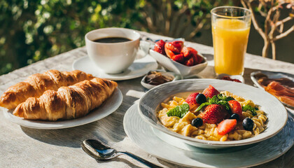 Sumptuous breakfast spread with morning light