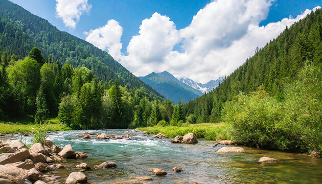 summer backdrop in the mountains with river and green forest