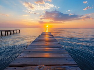A breathtaking view of a serene sunset over the ocean, as seen from a rustic wooden pier extending...