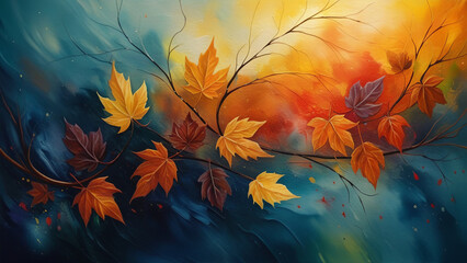 A painting of an autumn  maple branch with leaves on it